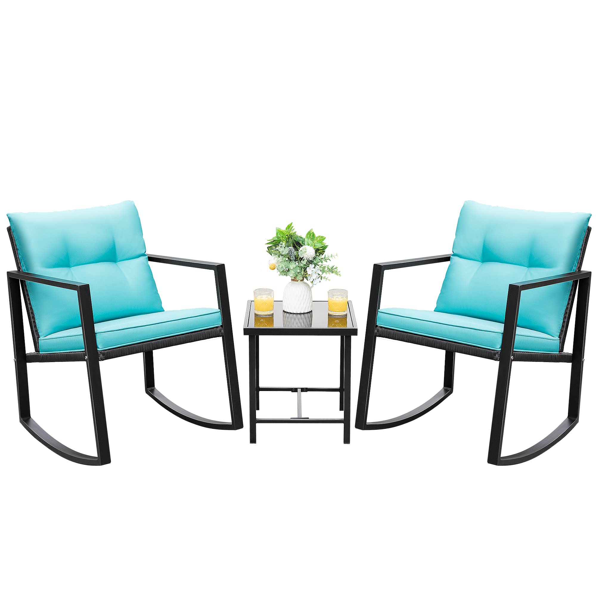 Devoko 3-Piece Wicker Patio Furniture Set - Outdoor Rocking Bistro Chairs with Glass Coffee Table for Porch, Garden & Backyard (Blue) | Perfect for Relaxing, Entertaining & Outdoor Dining
