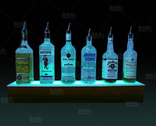 BarConic® LED Liquor Bottle Display Shelf - 1 Step Adjustable Wild Cherry Wood Bar Shelf with LED Lighting (Multiple Lengths Available) - Perfect for Home Bars, Restaurants, and Retail Stores