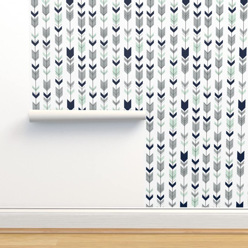 Commercial Grade Wallpaper Swatch - Fletching Arrows Small Scale Northern Lights Navy Mint Gray Woodland Traditional Peel & Stick Wallpaper by Spoonflower | Perfect for Home Decor, Nursery, Accent Walls & DIY Projects