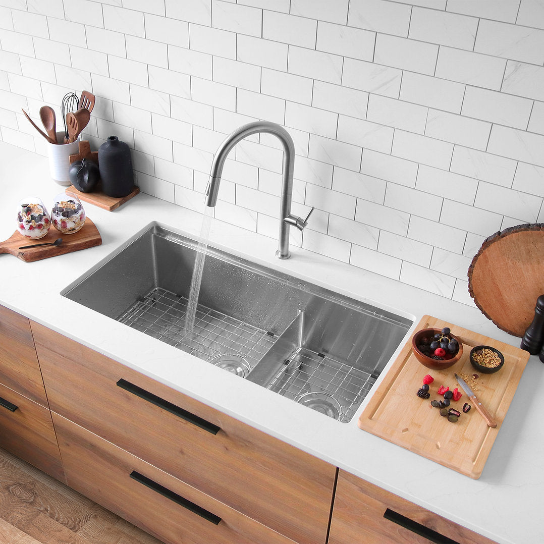 Premium 36-Inch VERSA36 S 636W Stainless Steel Undermount Double Bowl Kitchen Sink with Accessories - Perfect for Modern Kitchens, Food Prep & Dishwashing