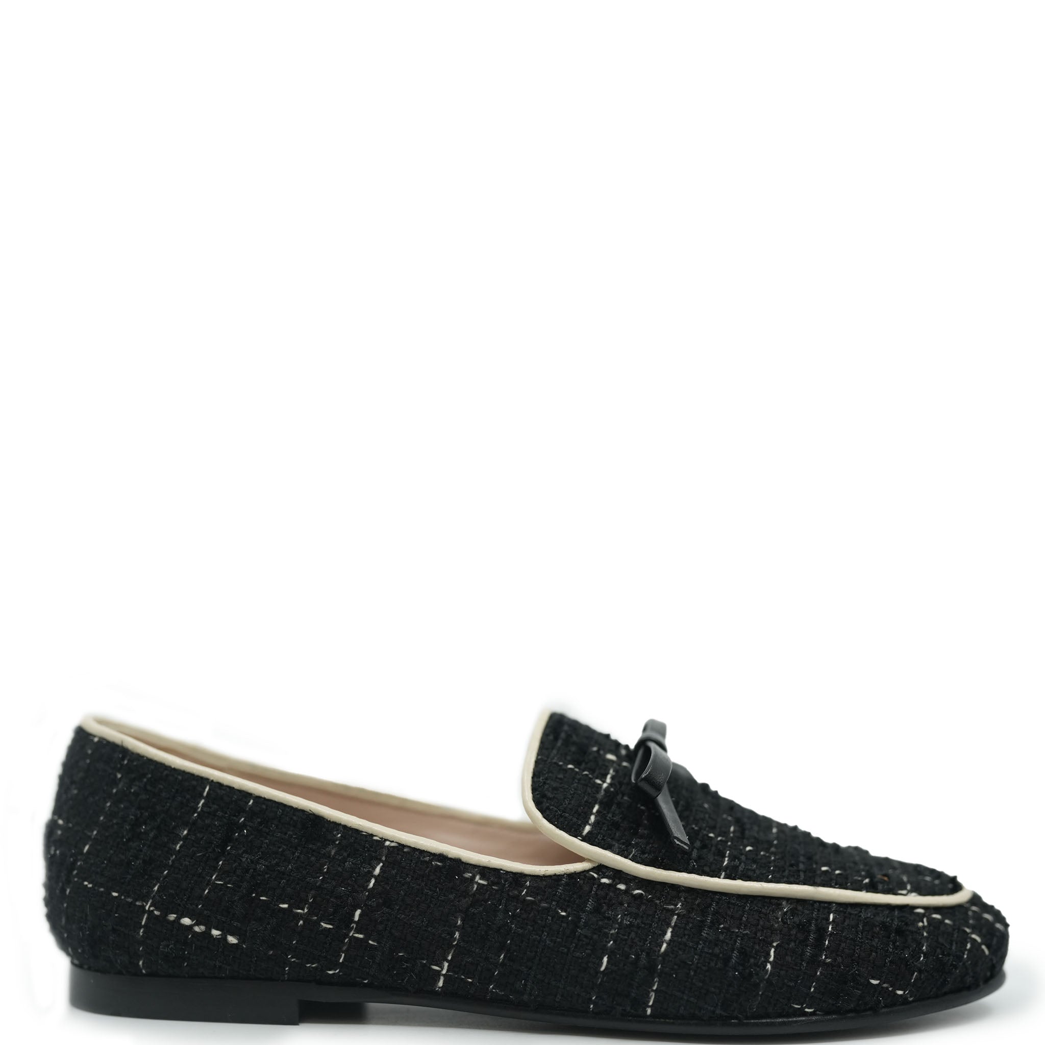 Beberlis Women's Black Tweed Bow Loafers - Classic Slip-On Dress Shoes for Office, Wedding & Formal Occasions