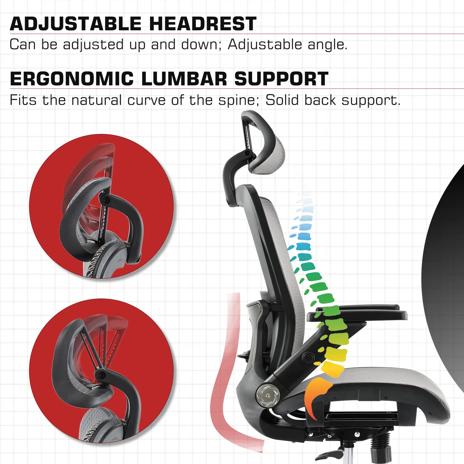 Ergonomic Mesh Office Chair with High Back, 3D Adjustable Armrests, Lumbar Support & Headrest - Grey - Perfect for Home Office, Gaming & Computer Workstations