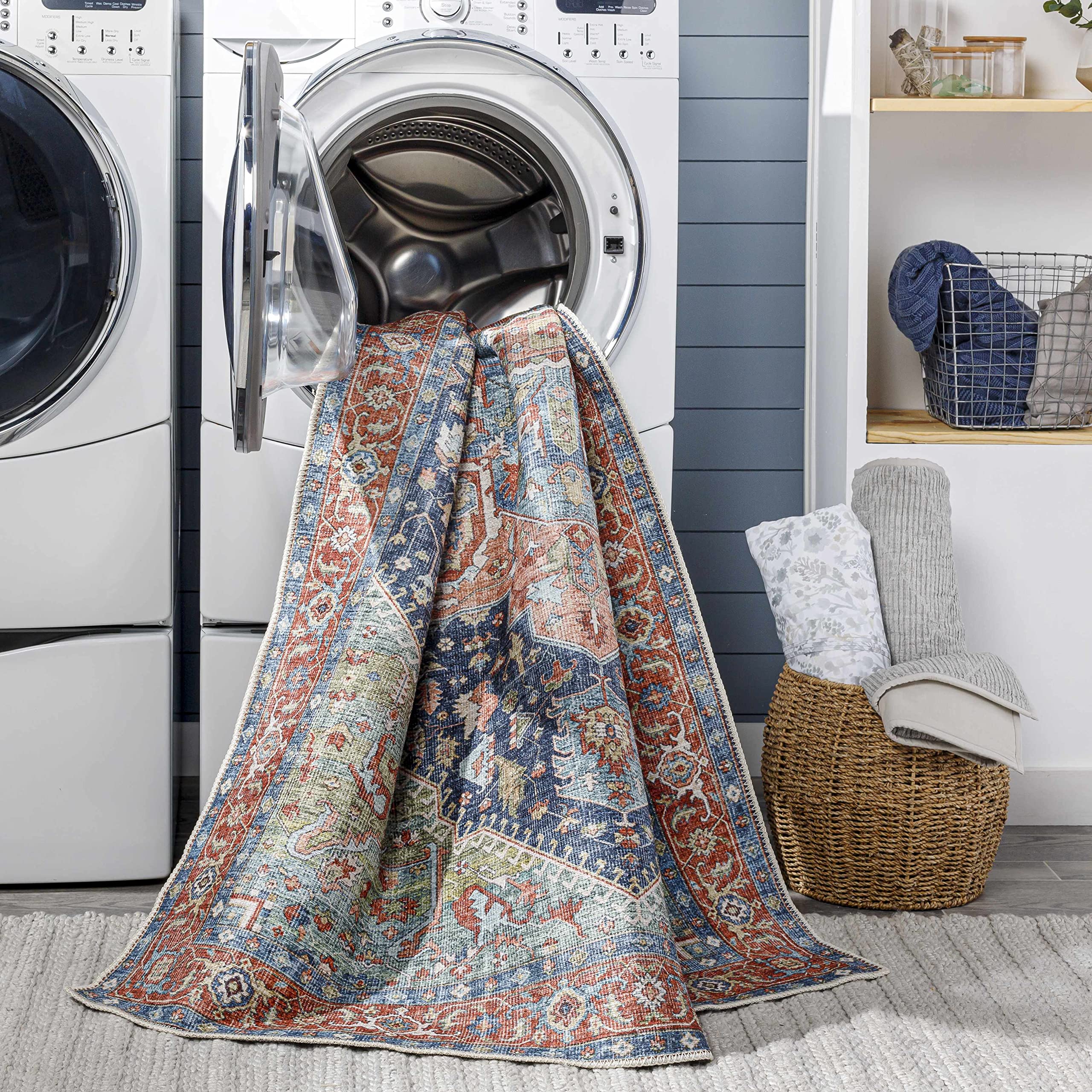 Hauteloom Exira Washable Runner Rug for Hallway & Kitchen - Traditional Design in Blue, Brick Red, Camel - 2'7