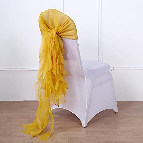 50 Mustard Yellow Premium Curly Chiffon Chair Covers with Sashes - Elegant Wedding, Party & Reception Decorations - Perfect for Banquet Halls, Church Ceremonies & Outdoor Events