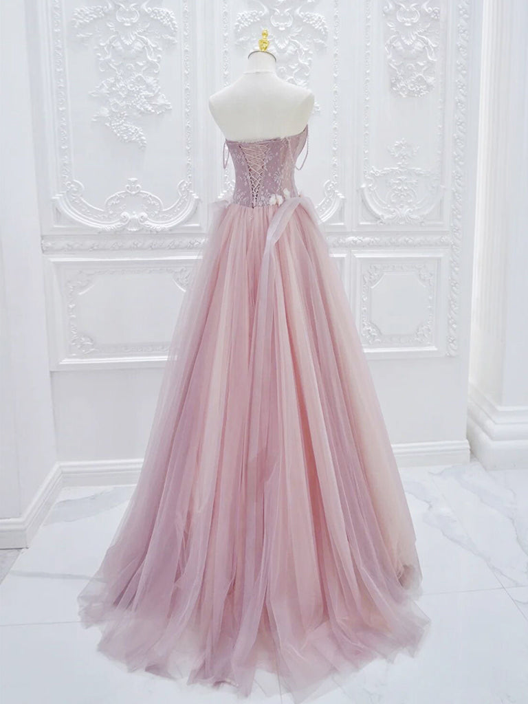 Elegant A-Line Pink Tulle Lace Long Prom Dress - Formal Evening Gown for Homecoming, Wedding, and Special Occasions