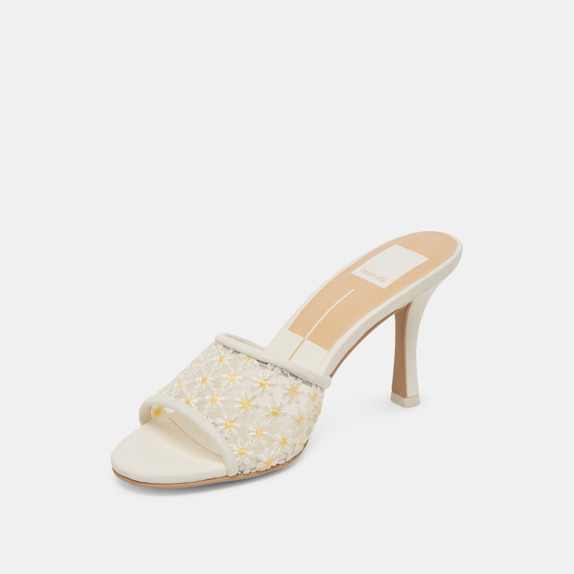 Lavena Women's Floral Heels - White & Yellow Mesh Summer Sandals for Weddings, Parties & Beach Outfits
