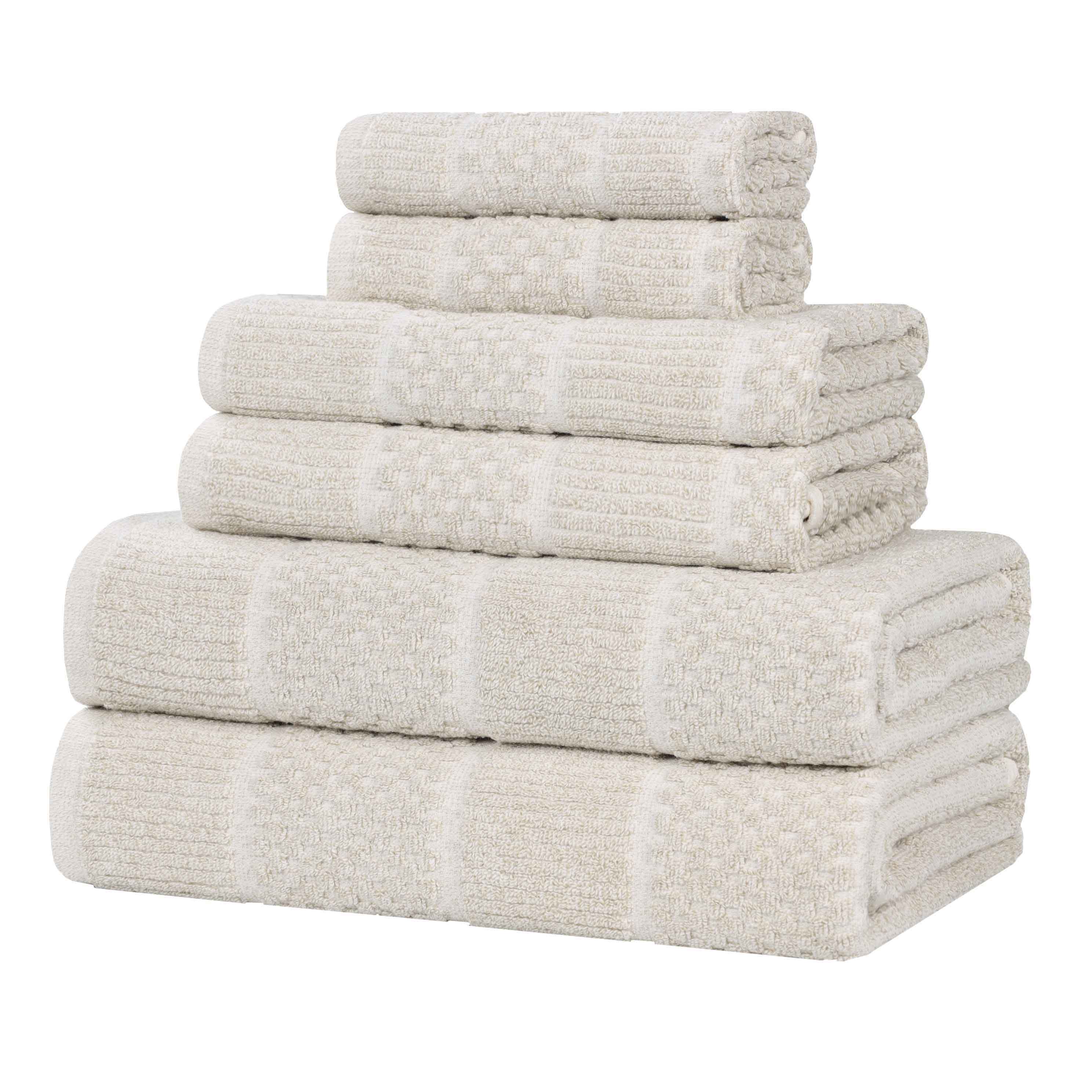 Premium 6-Piece Cotton Blend Towel Set - Medium Weight, Checkered & Ribbed Design - Soft & Absorbent Bath Towels for Spa, Guest Bathroom & Beach Use