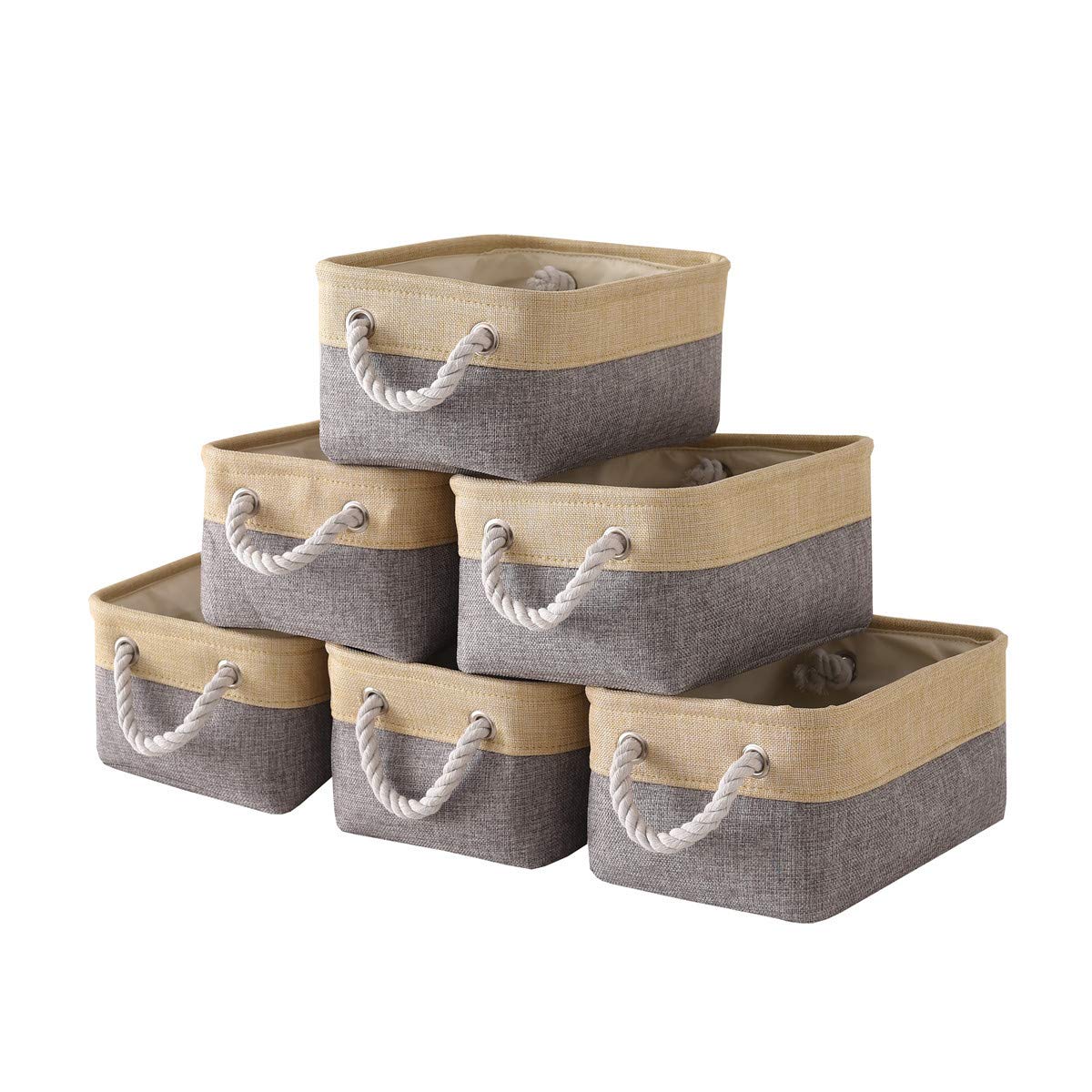 TheWarmHome 6-Pack Small Storage Baskets - 11.8x7.8x5.2 Inch Fabric Storage Bins & Organizer Cubes for Shelves, Baby Toys, Nursery (Gold & Grey) | Perfect for Home Organization, Closet, Kids Room & Playroom Storage
