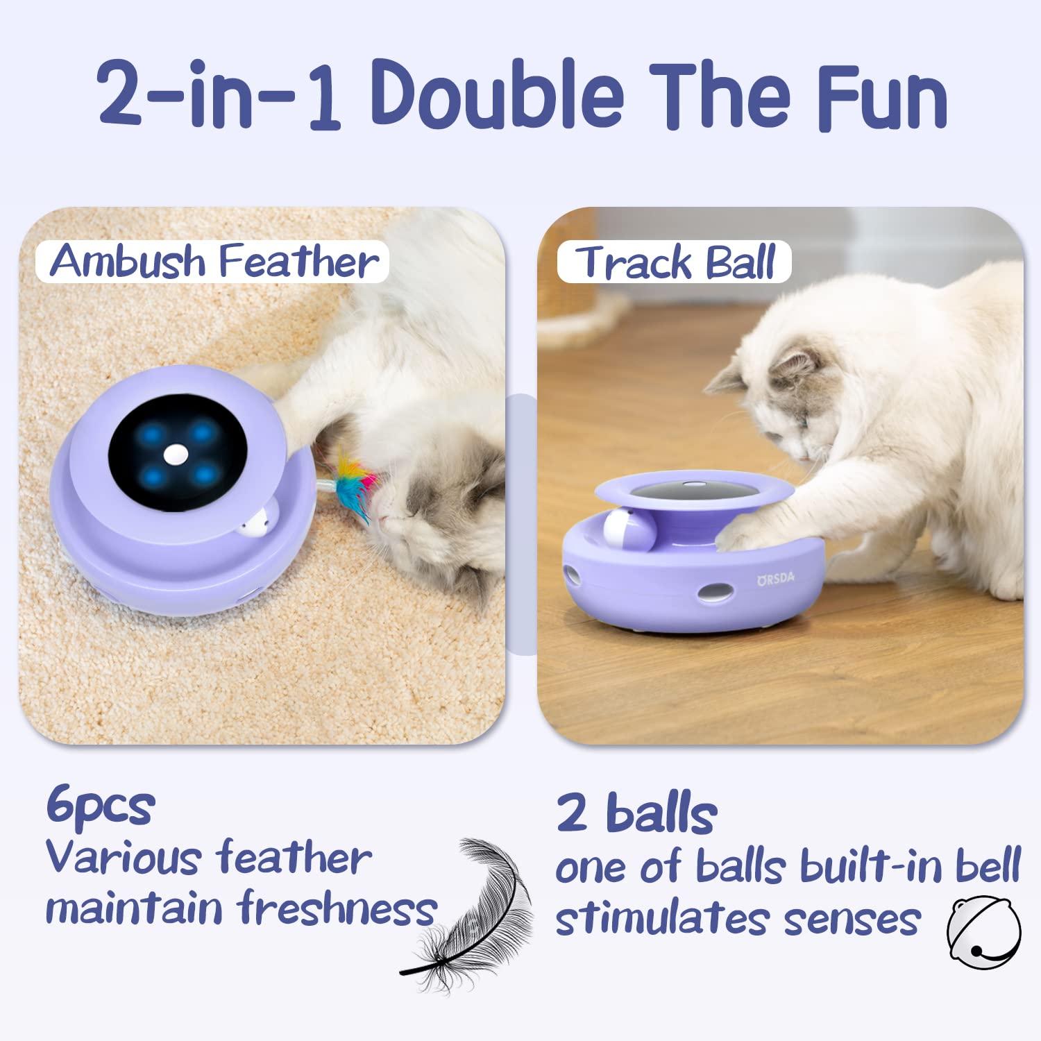 ORSDA 2-in-1 Interactive Cat Toys with 7 Attachments - Automatic Moving Ball & Feather Toy for Indoor Cats - Adjustable Speed, Dual Power (Battery/USB) - Great for Exercise & Playtime - Perfect Gift for Kitten & Adult Cats