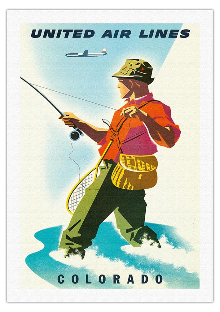 Vintage 1950s Colorado United Airlines Fisherman Fly Fishing Travel Poster by Joseph Binder - Fine Art Rolled Canvas Print 27x40 Inches - Perfect for Home Decor, Office Wall Art & Aviation Enthusiast Gifts