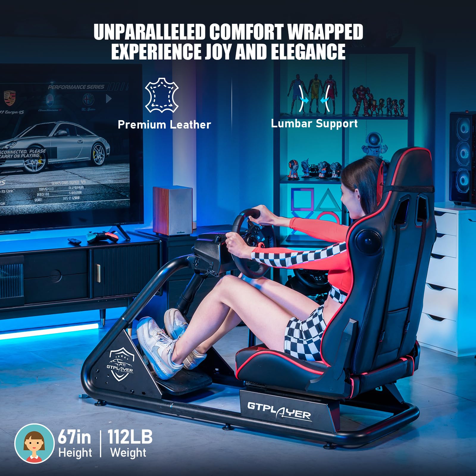 GTPLAYER Racing Simulator Cockpit with Adjustable Seat & Bluetooth Speakers - Ultra-Sturdy Alloy Steel Frame for PC/PS4/Xbox Gaming - Perfect for Home Racing Simulation & Esports Training (Red)