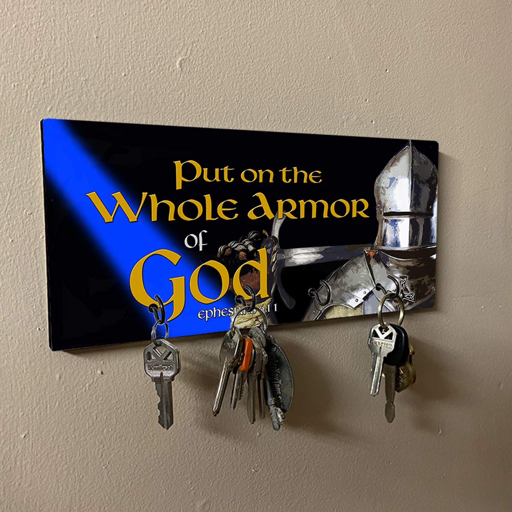 Brotherhood Thin Blue Line Key Holder Organizer - Ephesians 6:11 Wall Mount Rack for Home Keys, Rings & Decor | Perfect for Police Supporters, Christian Home Decor & Entryway Organization