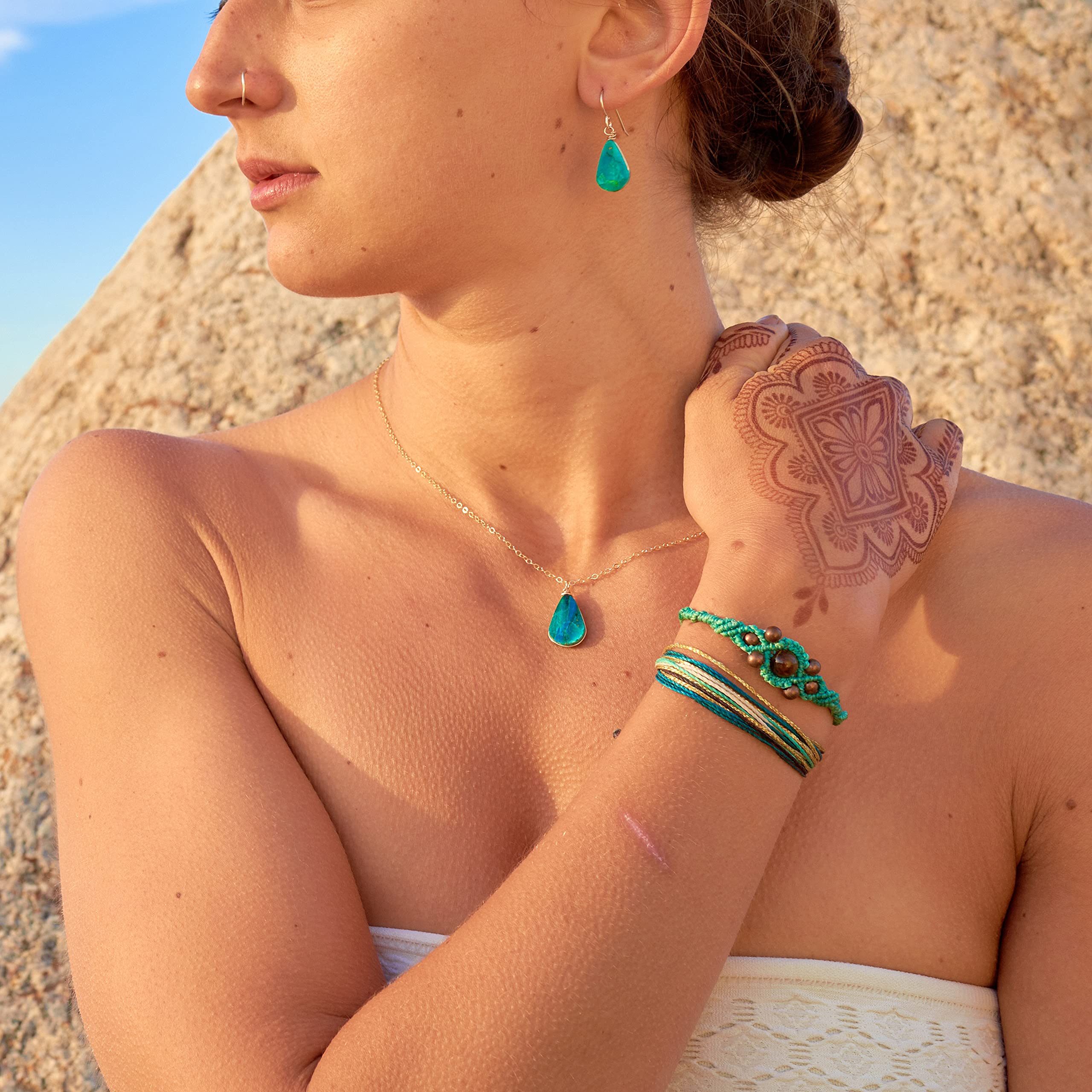 Handmade Chrysocolla Jewelry Set for Women - 14K Gold Filled Dainty Necklace & Teardrop Earrings | Healing Crystal Gift for Birthday, Meditation & Spiritual Healing | by Rumi Sumaq