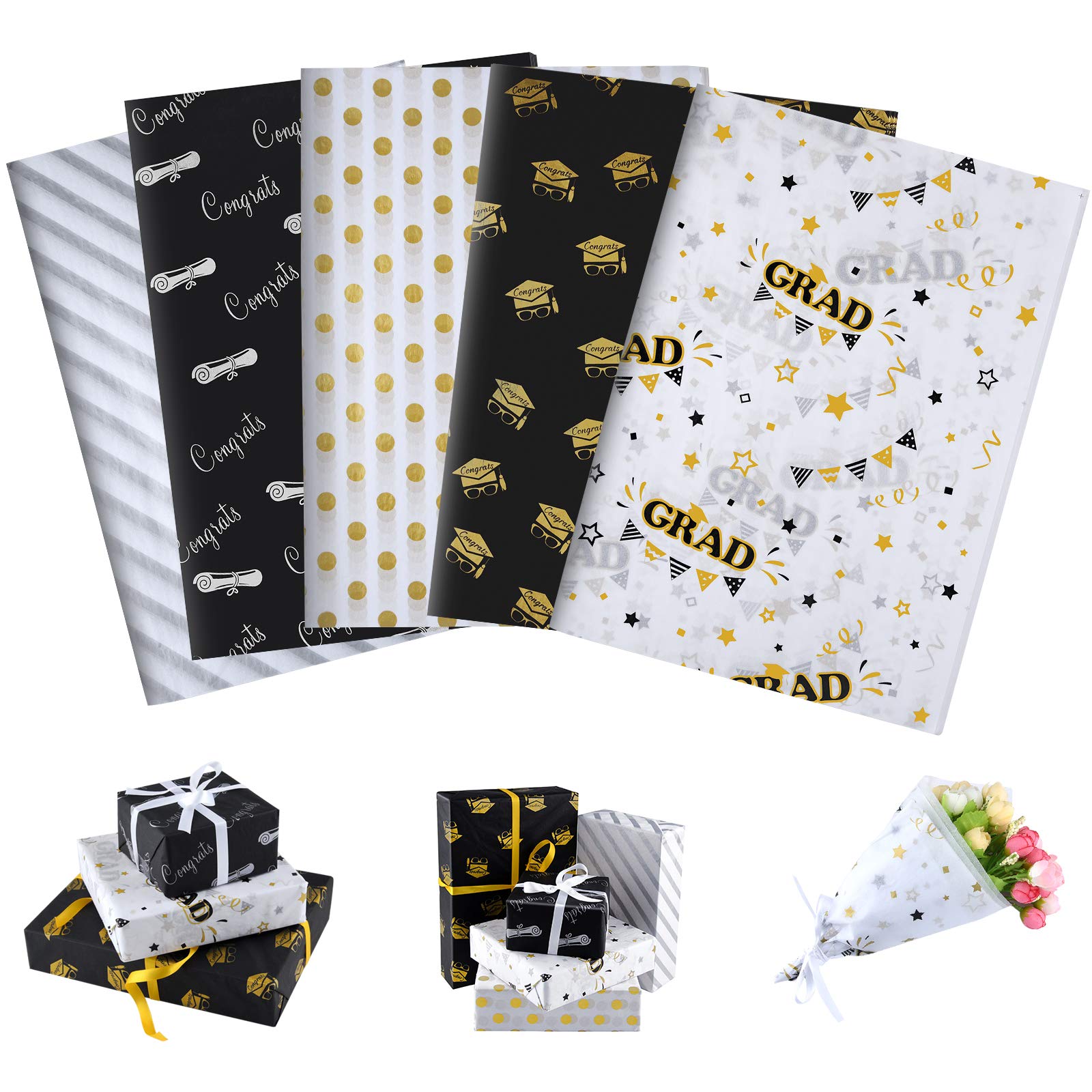PLULON 90 Sheets Graduation Gift Wrapping Paper - Cap & Diploma Design Tissue Paper for DIY Crafts, Wine Bottles, Party Decorations - Perfect for Graduation Gifts, School Projects & Celebration Decor (3 Styles)