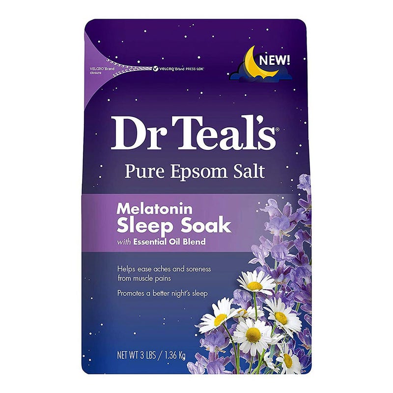 Dr Teal's Pure Epsom Salt with Melatonin for Relaxation & Better Sleep - 3 lbs (1.36 kg) Magnesium Sulfate Bath Soak - Perfect for Stress Relief & Nighttime Relaxation Before Bed