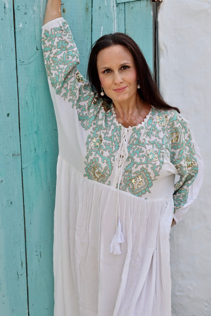 Lio Lux Kaftan - White & Turquoise Boho Beach Cover Up for Women | Lightweight Summer Dress for Vacation, Poolside, and Resort Wear