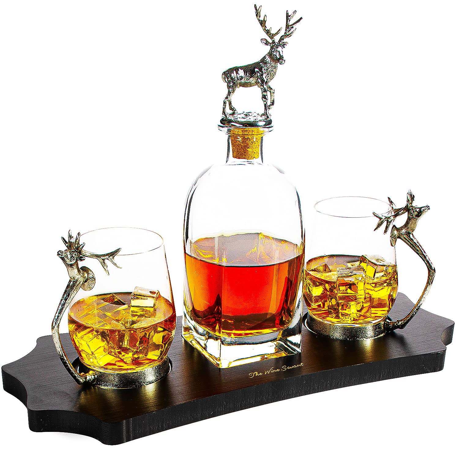 Luxury Stag Antler Whiskey Decanter Set with 2 Glasses - 750ml Antique Pewter Bourbon Scotch Liquor Decanter - Elegant Bar Gift for Men, Home Decor & Entertaining - Perfect for Weddings, Anniversaries & Holiday Gifts