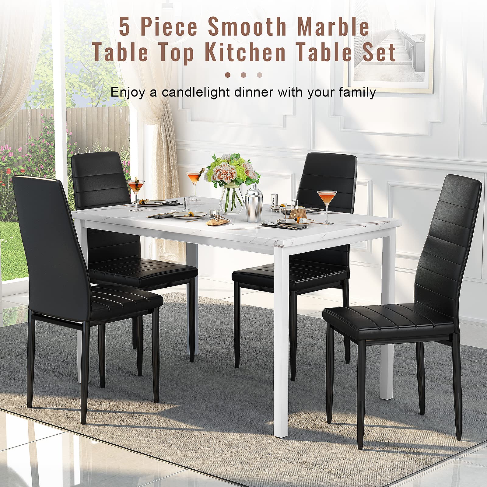 Modern 4-Piece Dining Table Set with Faux Marble Top & PU Leather Chairs - Kitchen & Dining Room Furniture for Small Spaces, Apartments, Family Dinners & Entertaining Guests