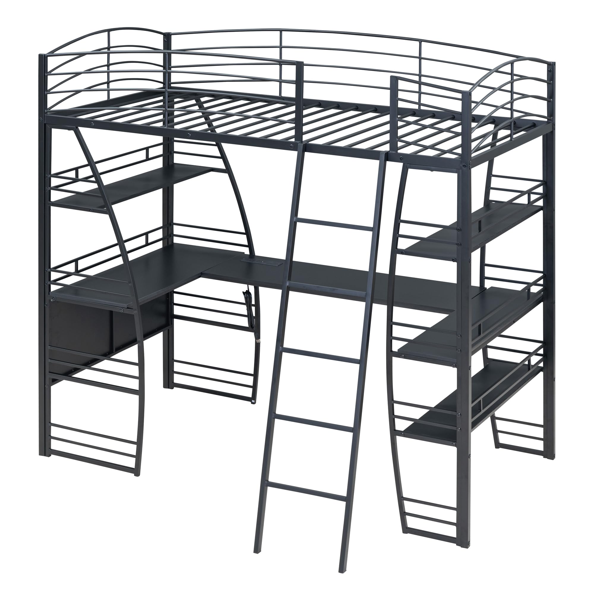 Harper & Bright Designs Twin Size Loft Bed with 4-Tier Shelves & L-Shaped Study Desk - Sturdy Metal Frame with Built-in USB Ports, Power Outlets & Wireless Charging - Space-Saving Black Loft Bed for Kids & Teens - Perfect for Small Bedrooms, Dorms & Studio Apartments