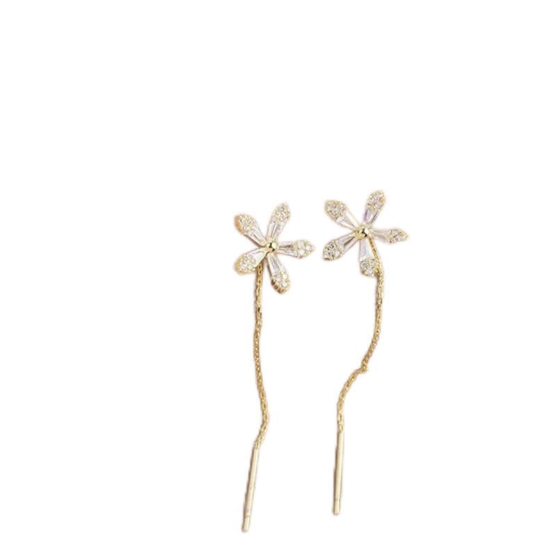 Sparkling Diamond Flower Earrings for Women - Elegant Crystal Tassel Drop Dangle Earrings with Geometric Zircon Design | Perfect for Parties, Weddings & Date Nights (Gold)