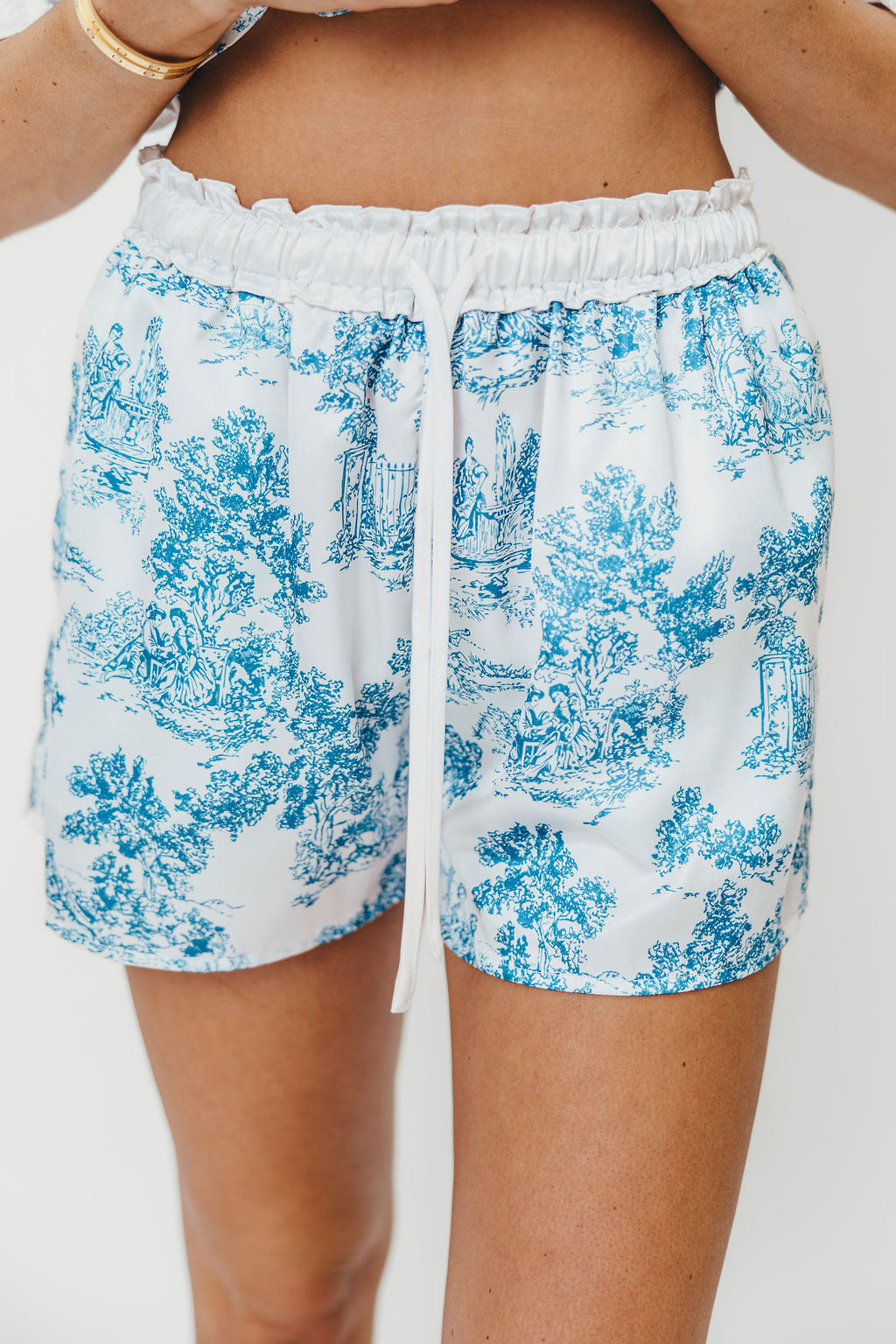 Jessamine Toile Satin Contrast Ruffle Detail Pajama Set - Blue & White Floral Sleepwear for Women | Perfect for Lounging, Sleepovers & Cozy Nights