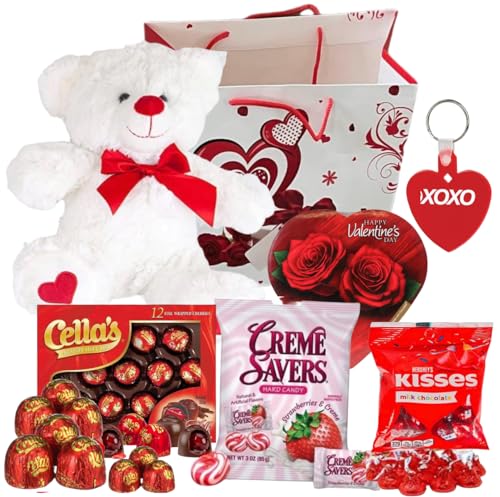 **Valentine's Day Gift Basket for Her/Him - Romantic Teddy Bear Plush (Red/White), Milk Chocolate Covered Cherries, Hard Candy, Hershey Kisses, Heart Shaped Chocolates, Greeting Card & Gift Bag - Perfect Couples Gift for Anniversary, Birthday or Surprise**    *(Use Cases: Valentine's Day presents, anniversary surprises, birthday gifts, romantic gestures, thank-you gifts, corporate gifting, holiday treats, sweet surprises for loved ones.)*