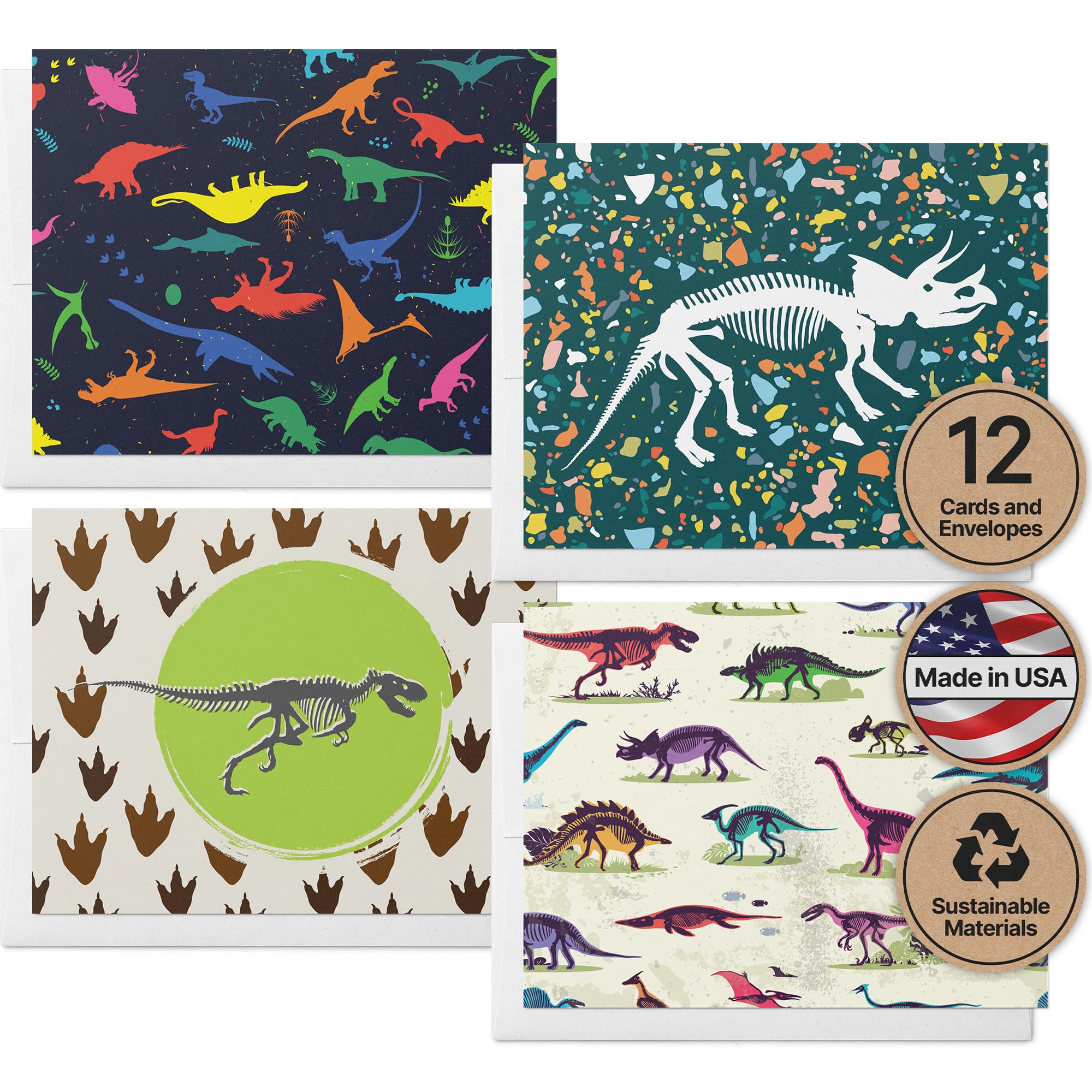 Dinosaur Greeting Cards Set of 12 - Blank Note Cards with Envelopes for Thank You Notes & All Occasions - 5.5