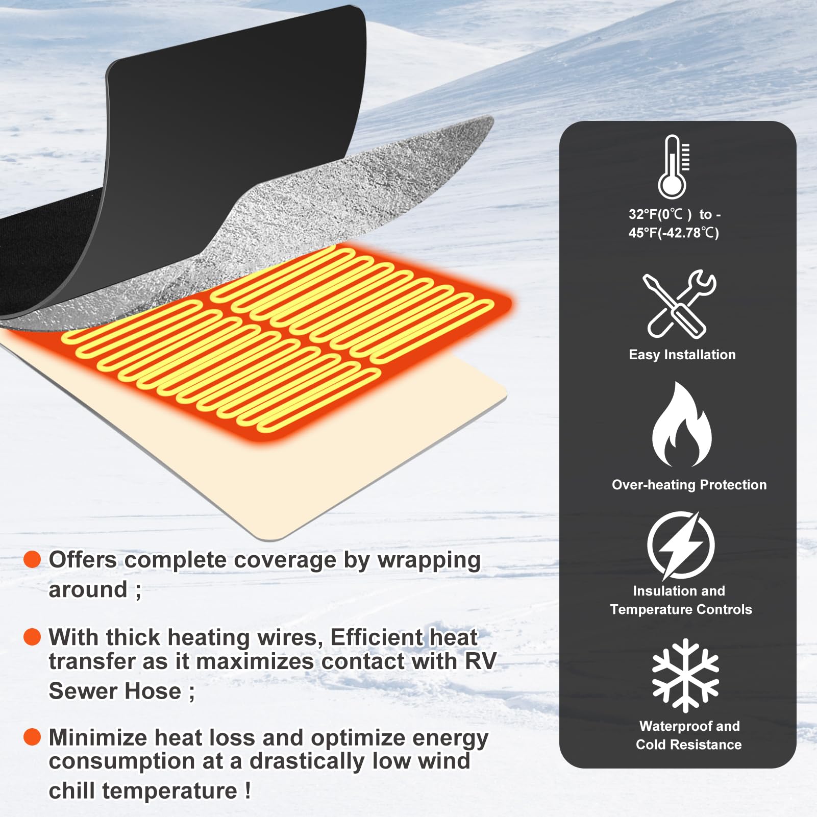 15Ft Heated RV Sewer Hose Cover - Insulated Winter Heating System for RV Campers