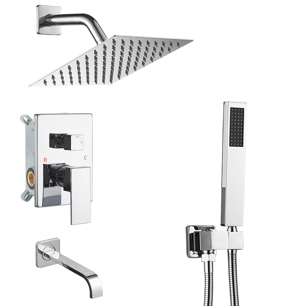 8 Inch Chrome Shower Faucet Set - Wall Mounted Tub and Shower System with Handheld Sprayer, 3-Function Shower Head & Rough-in Valve - Perfect for Modern Bathroom Renovations and Spa-Like Showers