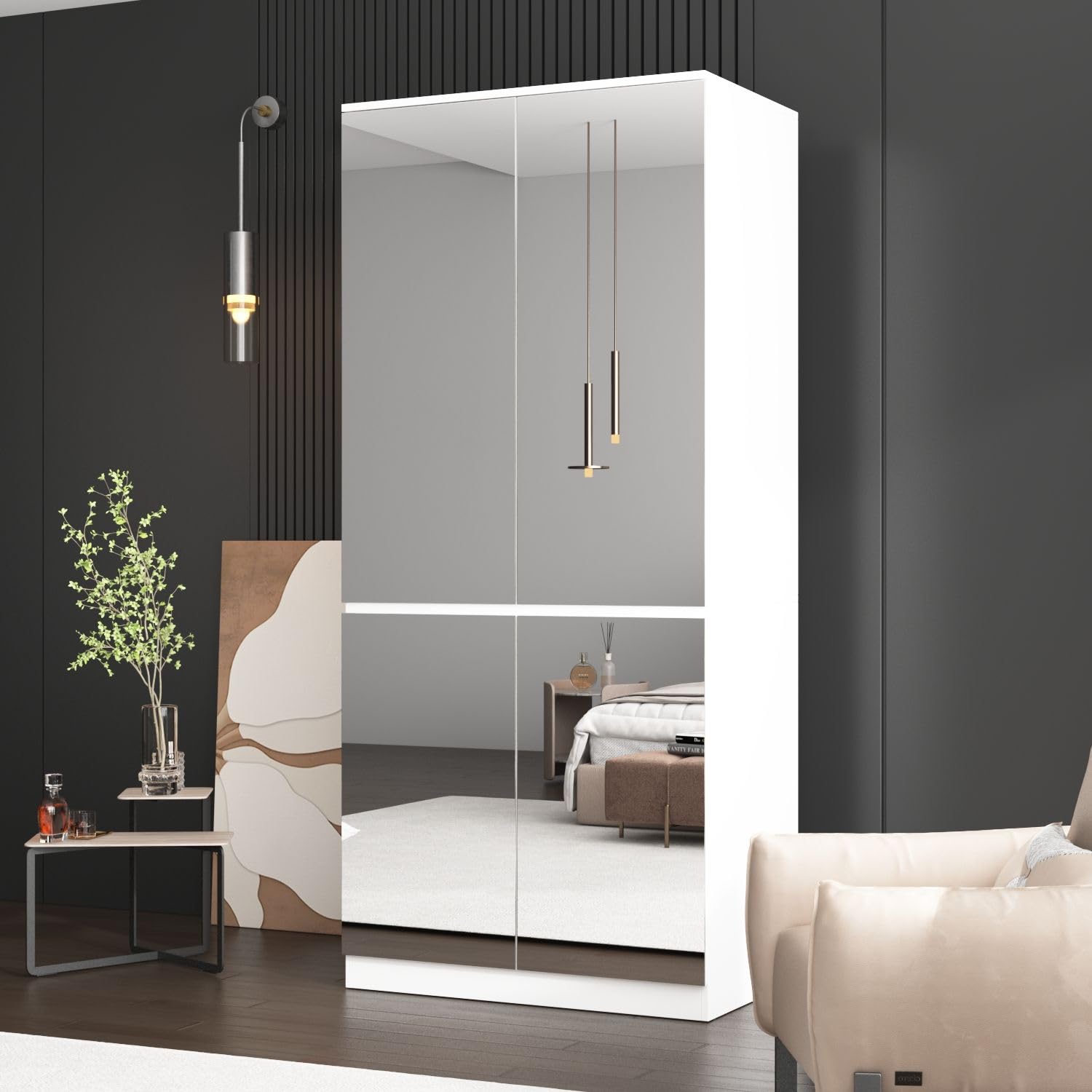 FAMAPY 4-Door Wardrobe Closet with Full-Length Mirror, White Armoire with Hanging Rod & Shelves for Bedroom Storage (31.5