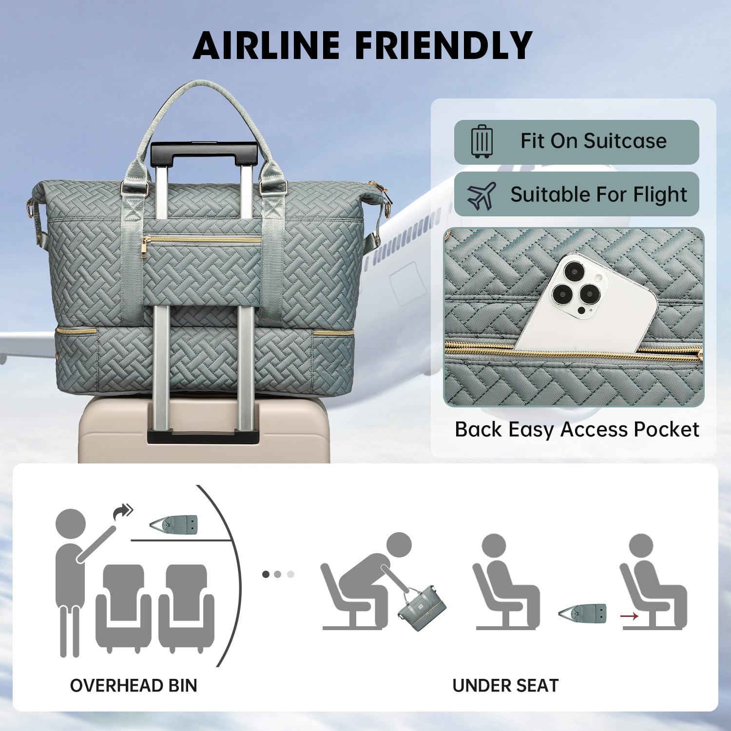 Women's 50L Quilted Duffle Bag - Large Travel Weekender with Shoe Compartment | Carry-On Overnight Gym Tote Bag for Workouts, Weekend Trips & Air Travel