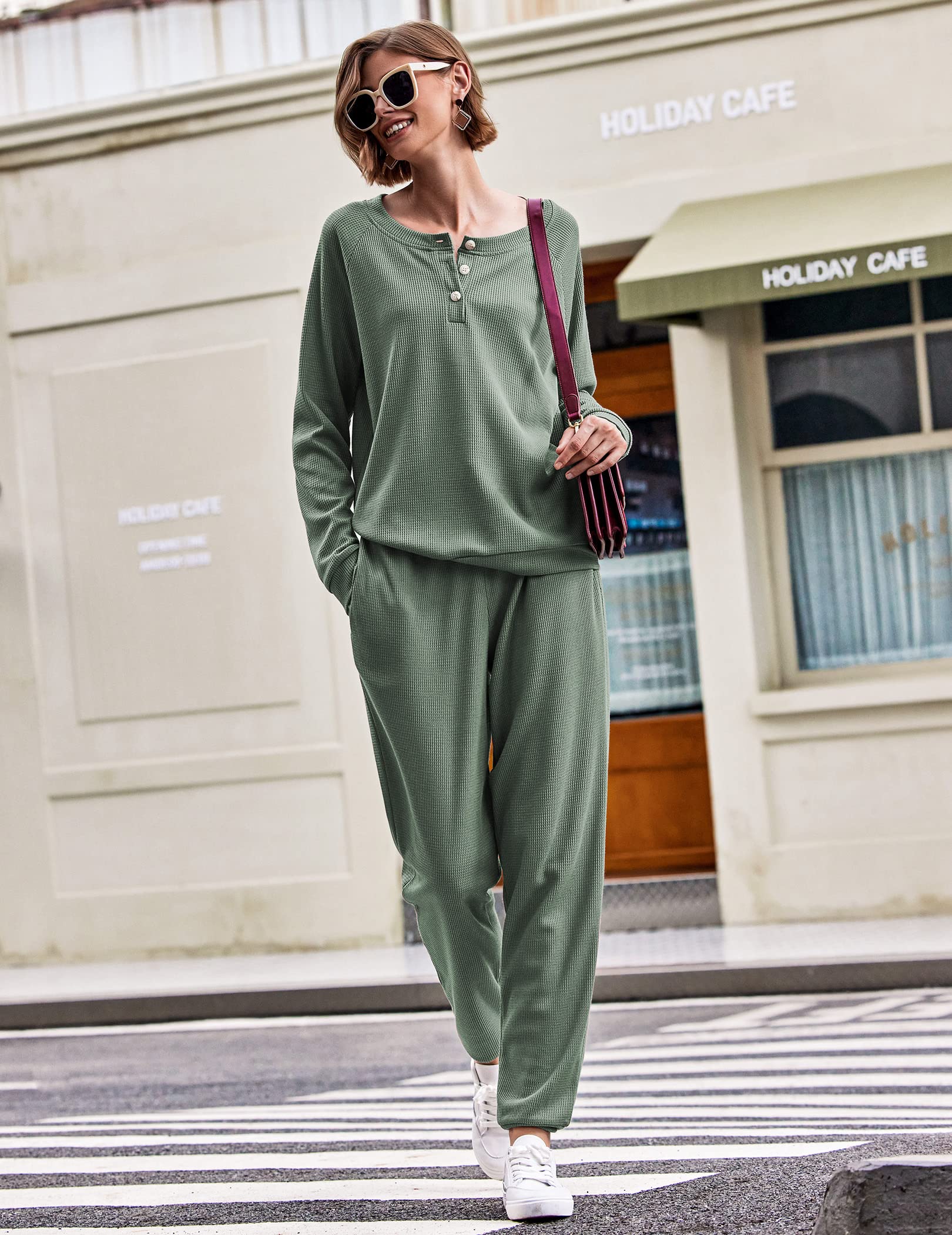 Ekouaer Women's Waffle Knit Pajama Set - Long Sleeve Top & Pants Soft Sleepwear Loungewear (Sizes S-XXL) | Cozy Winter Sleepwear for Women, Perfect for Home Relaxation & Lounging