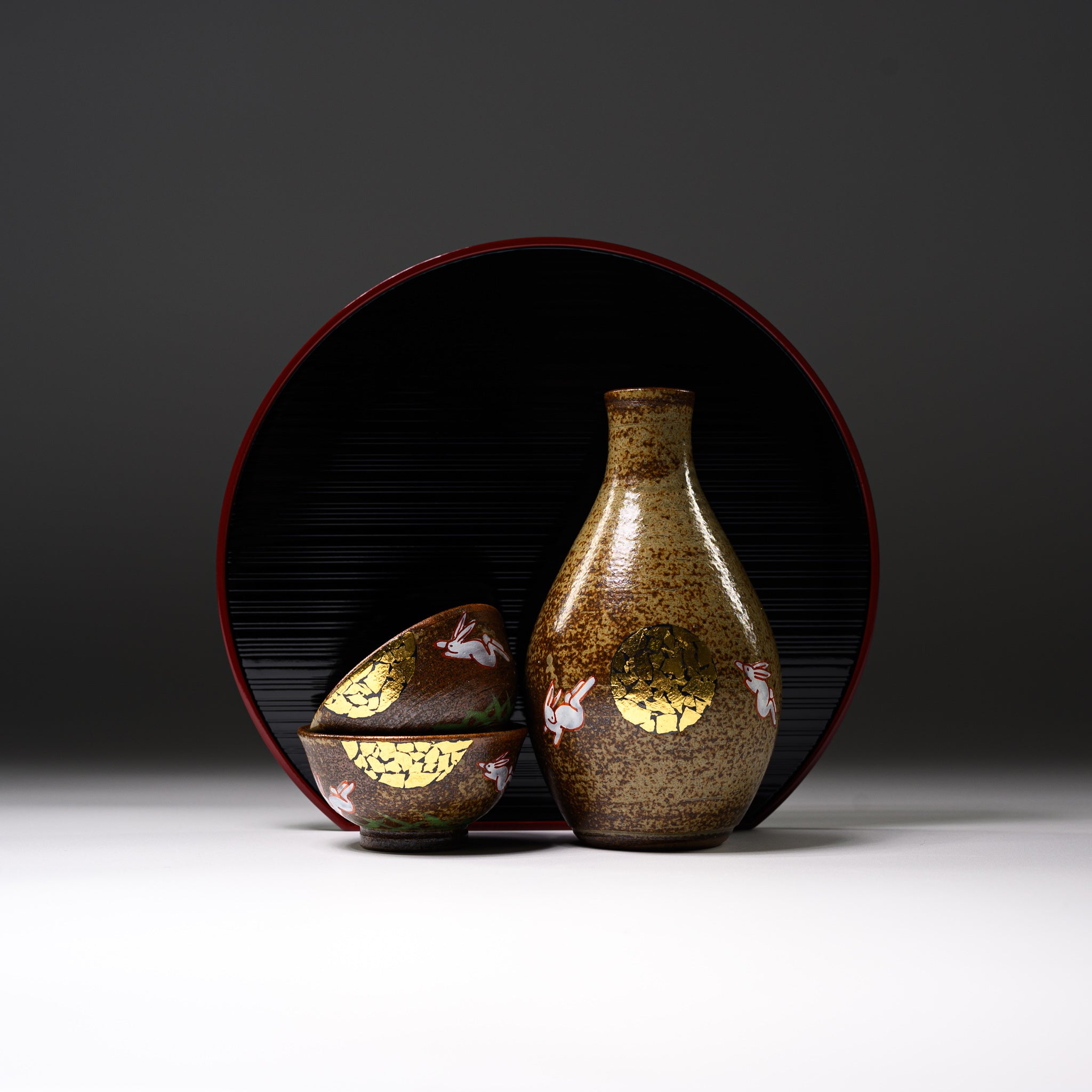 Authentic Kutani Ware Japanese Sake Set with Decorative Tray - Moon Viewing Rabbit Design - Traditional Ceramic Drinking Vessels for Sake Tasting, Japanese Tea Ceremony & Home Decor