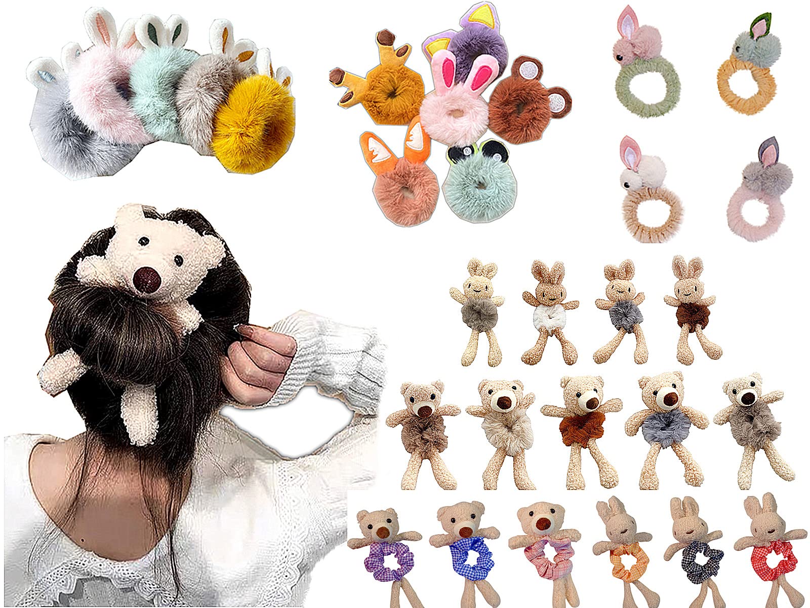 Cute Bear Bunny Plush Hair Ties for Girls - Soft Ponytail Holders & Headbands for School, Sports, and Everyday Use