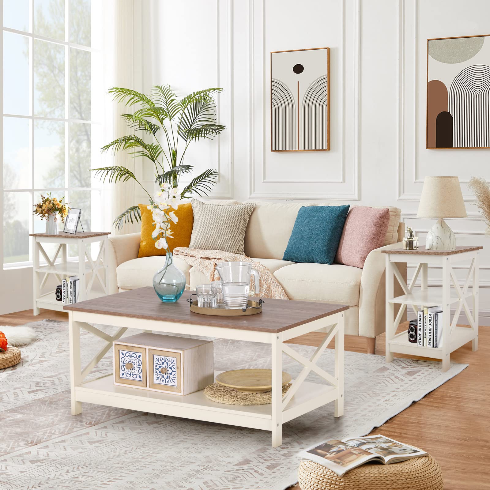 PHI VILLA 2-Piece White End Table Set - Farmhouse Style Nightstand & Side Table for Living Room, Bedroom, Small Spaces | Perfect for Coffee Table Companion, Bedside Storage & Home Decor