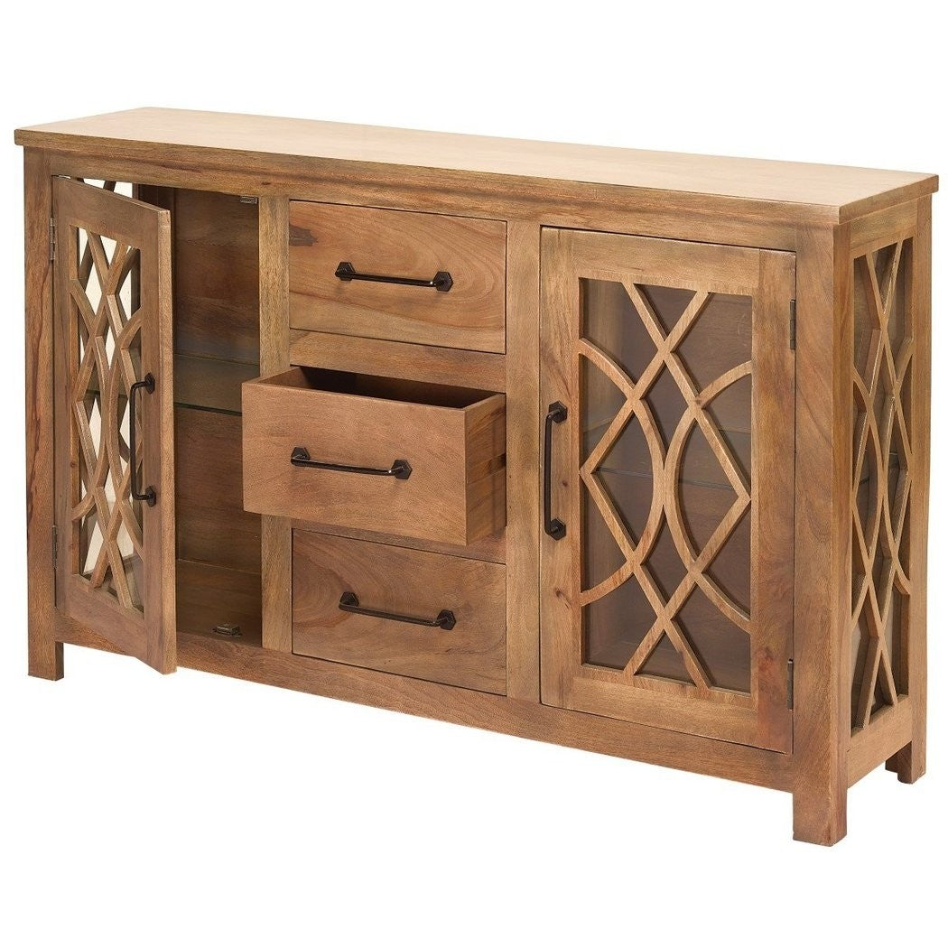 French Arched Indian Solid Wood Buffet Cabinet with Glass Door & 3 Drawers - Elegant Dining Room Storage for China, Silverware & Linens
