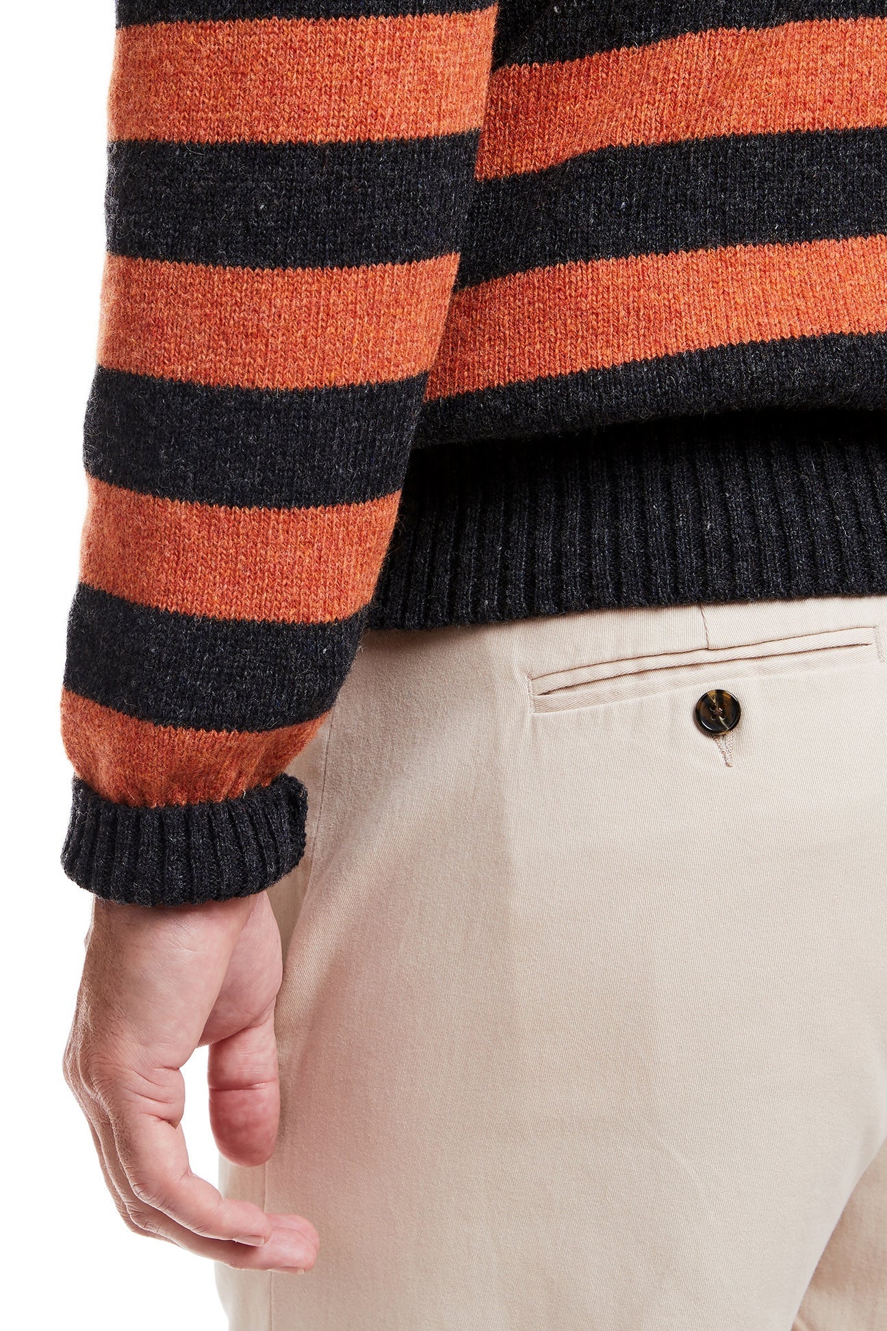 Shetland Wool Crewneck Sweater - Grey & Burnt Orange Striped Knitwear for Men & Women | Cozy Winter Pullover for Casual Outfits & Holiday Gatherings