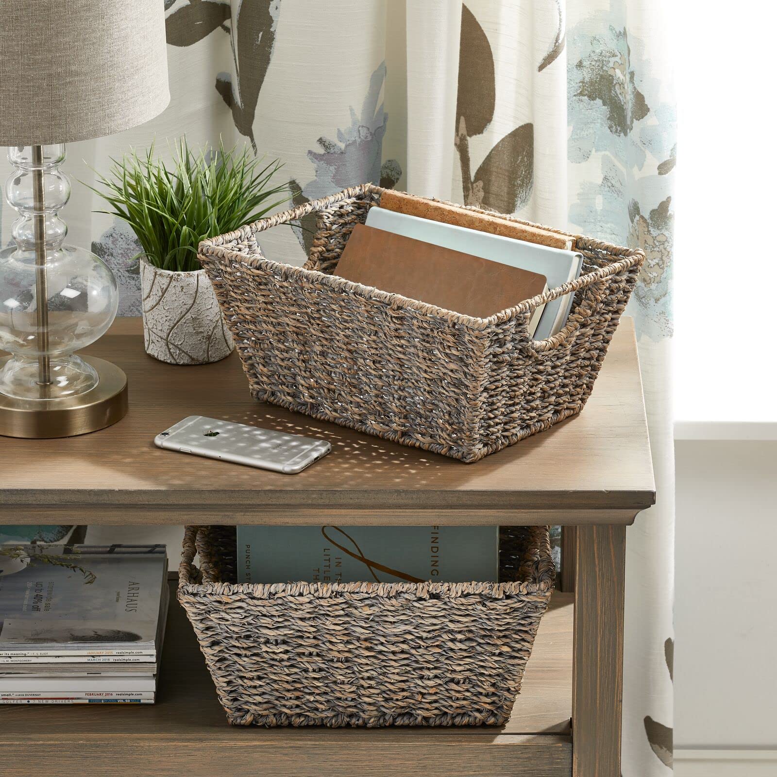 Natural Woven Seagrass Storage Baskets - 2 Pack Gray Nesting Organizer Bins for Closet, Kitchen, Pantry, Bathroom & Laundry Room - Perfect for Home Organization & Decluttering