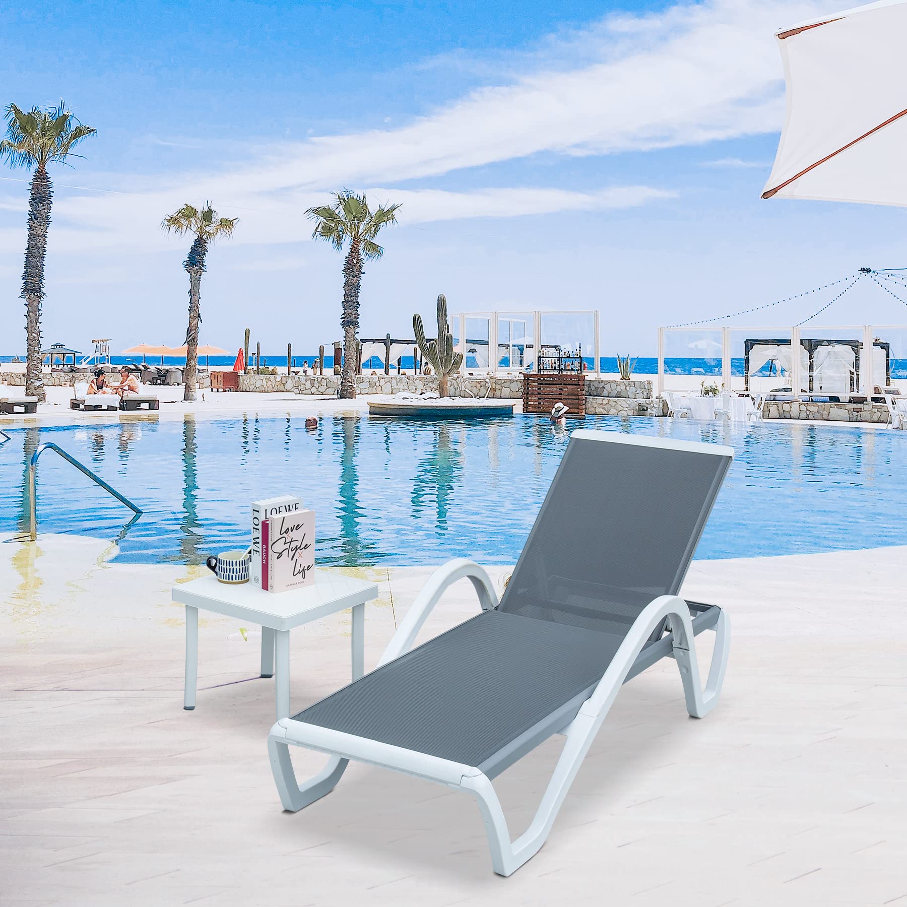 Adjustable Aluminum Pool Lounge Chair with Armrests & Side Table - All-Weather Outdoor Chaise Lounge for Patio, Deck, Lawn & Garden - Perfect for Sunbathing, Relaxing by the Pool or Backyard Lounging (Gray)
