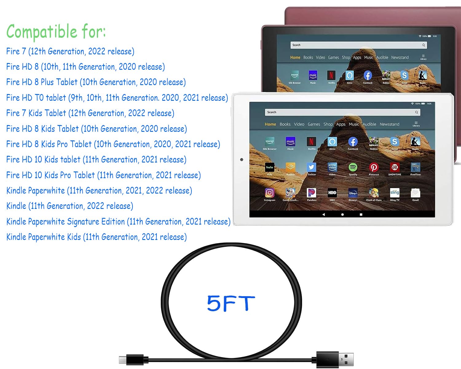 Fast Charging USB-C Cable for Amazon Fire HD 10 Tablet - Compatible with Fire HD 8, Fire 7, Kindle (2019-2022 Models, 9th-12th Gen) & Kids Pro/Plus Edition - 5ft Durable Charger Cord & Power Adapter - Perfect for Home, Travel & Office Use