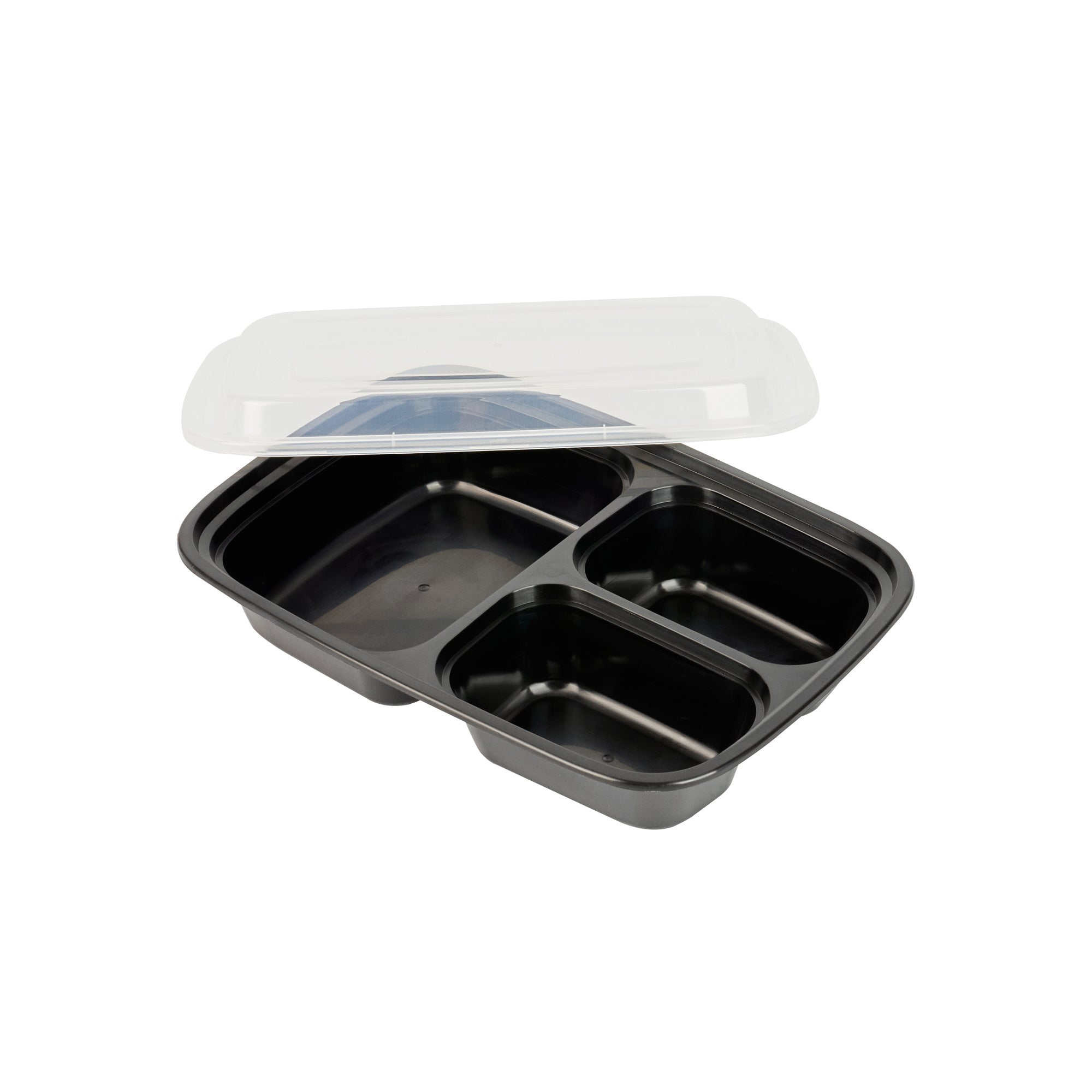 26 oz Black 3-Compartment Plastic Food Storage Containers with Clear Lids - Microwave Safe, 8.75