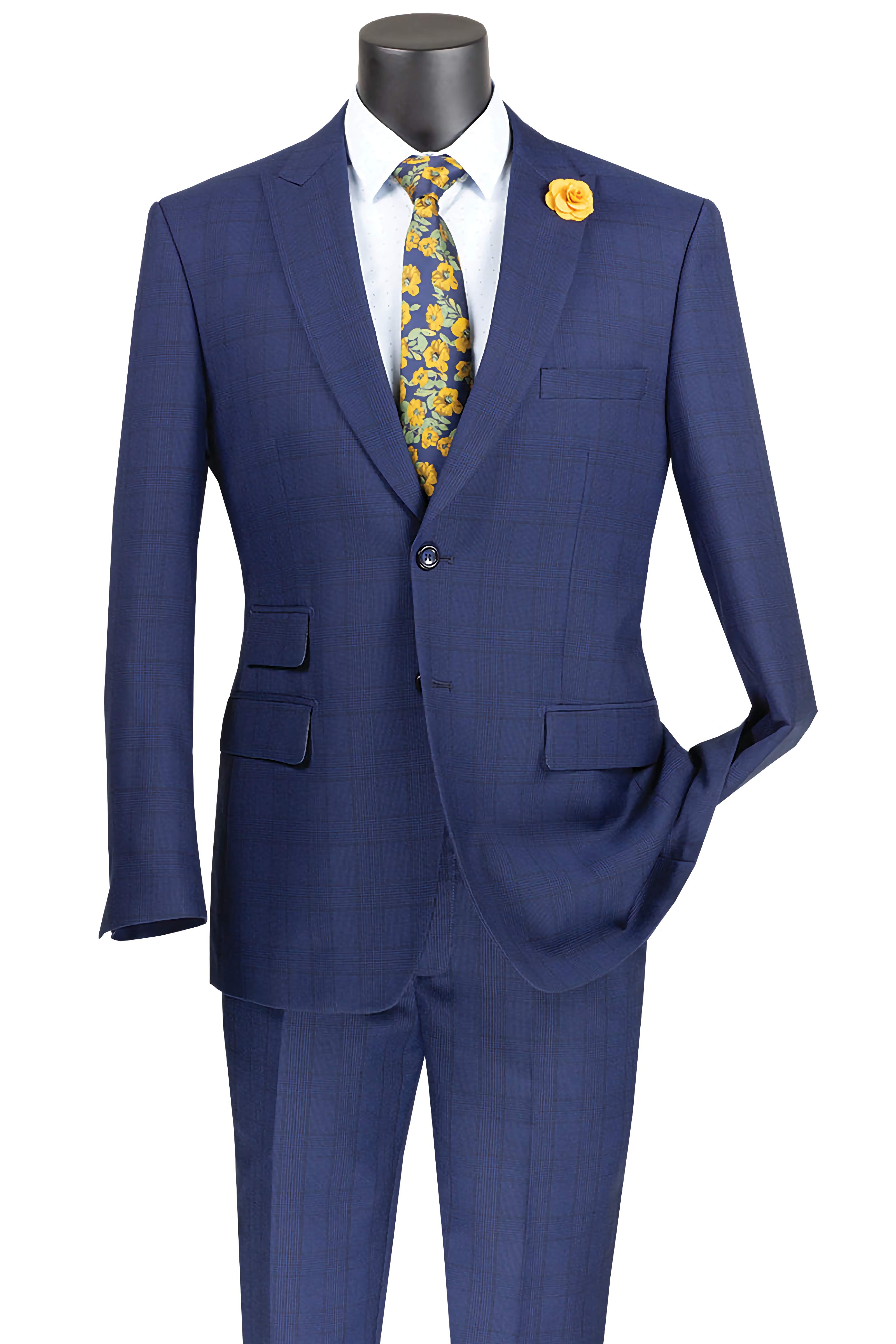 Concord Collection Modern Fit Windowpane Blue Suit 2-Piece Set | Business Formal Attire for Men | Perfect for Weddings, Office Meetings & Special Events