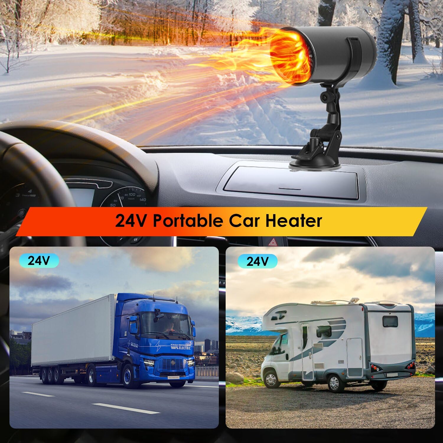24V 216W Portable Car Heater & Defroster - 2-in-1 Heating & Cooling Fan for Quick Defogging - Cigarette Lighter Plug for Cars, SUVs, RVs, Jeeps & Trucks - Perfect for Winter Driving and Emergency Road Trips