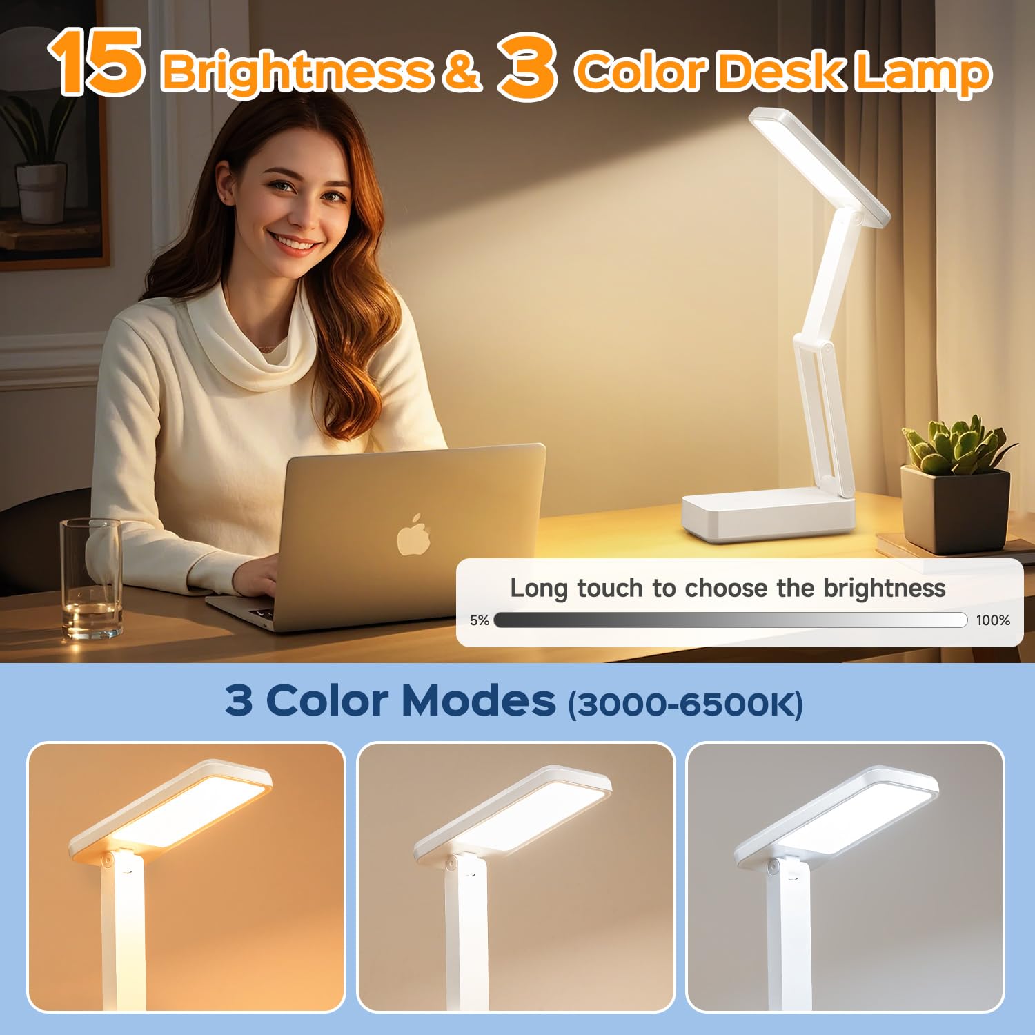 Rechargeable Small Desk Lamp - 6000mAh Battery, 3 Color Modes & 15 Brightness Levels, USB Charging Portable Light for Reading, Studying, Nail Art, Puzzles, and Office Work