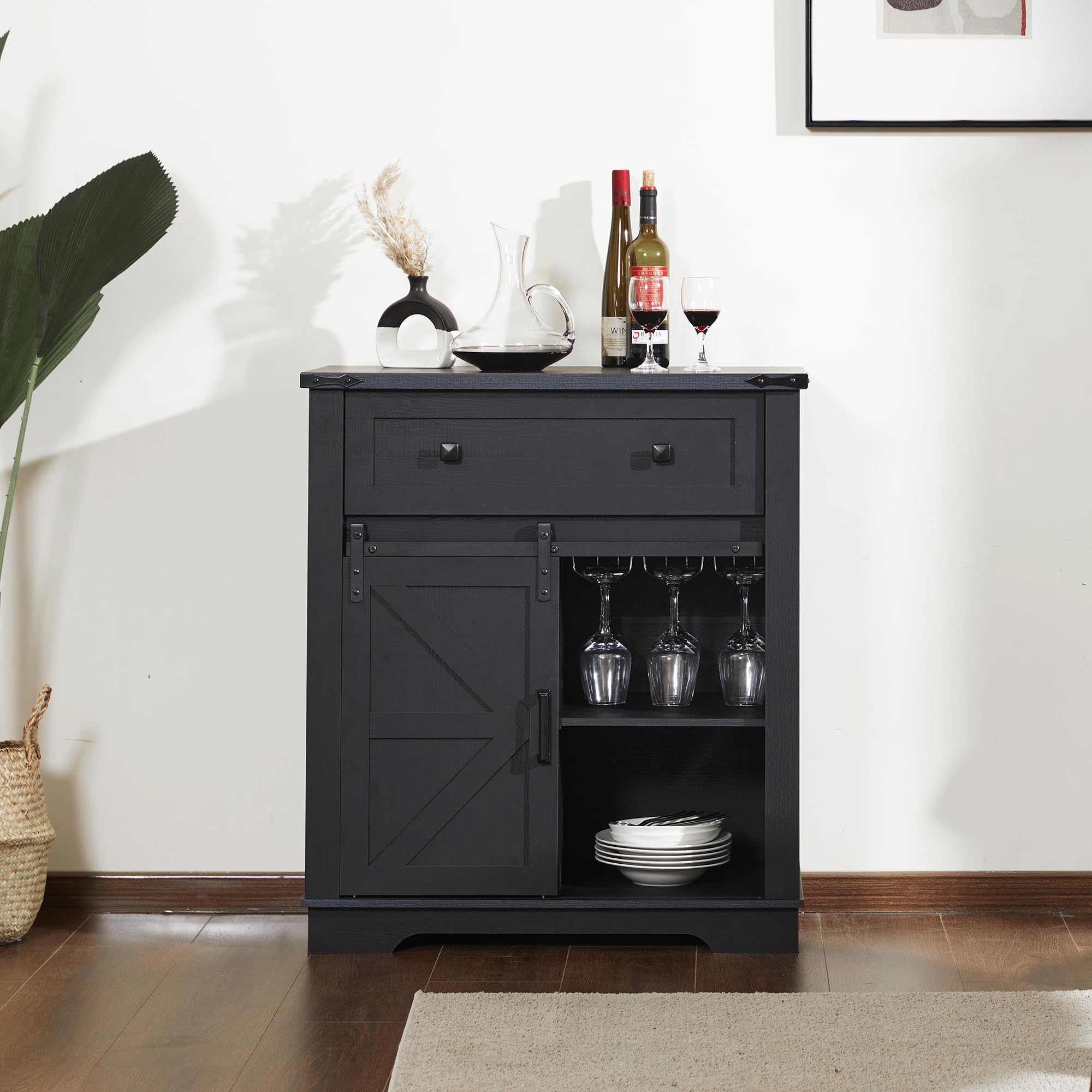Farmhouse Buffet Cabinet with Storage - Coffee Bar Sideboard with Goblet Holder, Drawers & Barn Doors - Perfect for Kitchen, Dining Room & Living Room Decor - Black Rustic Storage Cabinet for Wine Glasses, Dishes & Entertaining Essentials