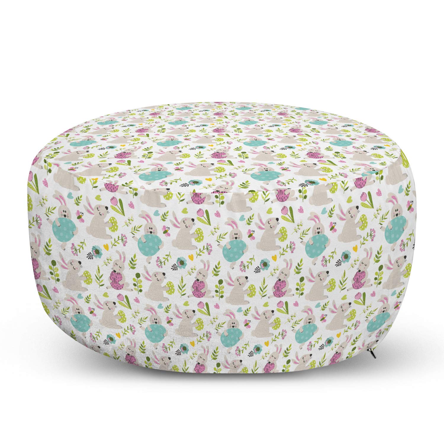Ambesonne Easter Themed Ottoman Pouf - Happy Bunny, Flowers, Eggs & Butterflies Design, Soft Foot Rest with Removable Cover for Living Room & Bedroom, Multicolor Home Decor - Perfect for Easter Decorations, Cozy Seating & Kids Play Area