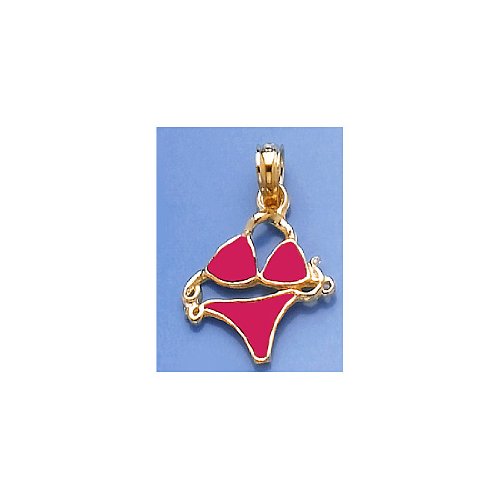 14K Yellow Gold Beach Charm Pendant with Mini Fuchsia Pink Enamel Bikini - Dainty Summer Jewelry for Women, Perfect for Beach Vacations, Pool Parties & Tropical Getaways