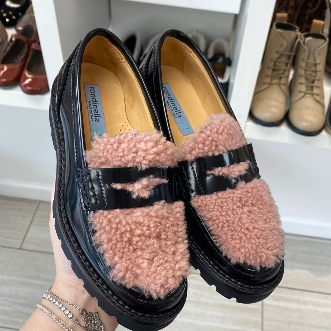 Rondinella Black & Pink Shearling Chunky Loafers - Women's Comfortable Winter Slip-On Shoes for Casual Outfits & Office Wear