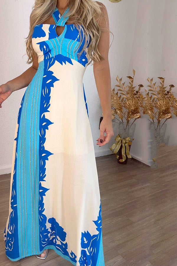 Unique Print Halter Neck Hollow Back Tie Maxi Dress - Flowy Summer Beach Dress for Women, Boho Chic Party & Vacation Outfit