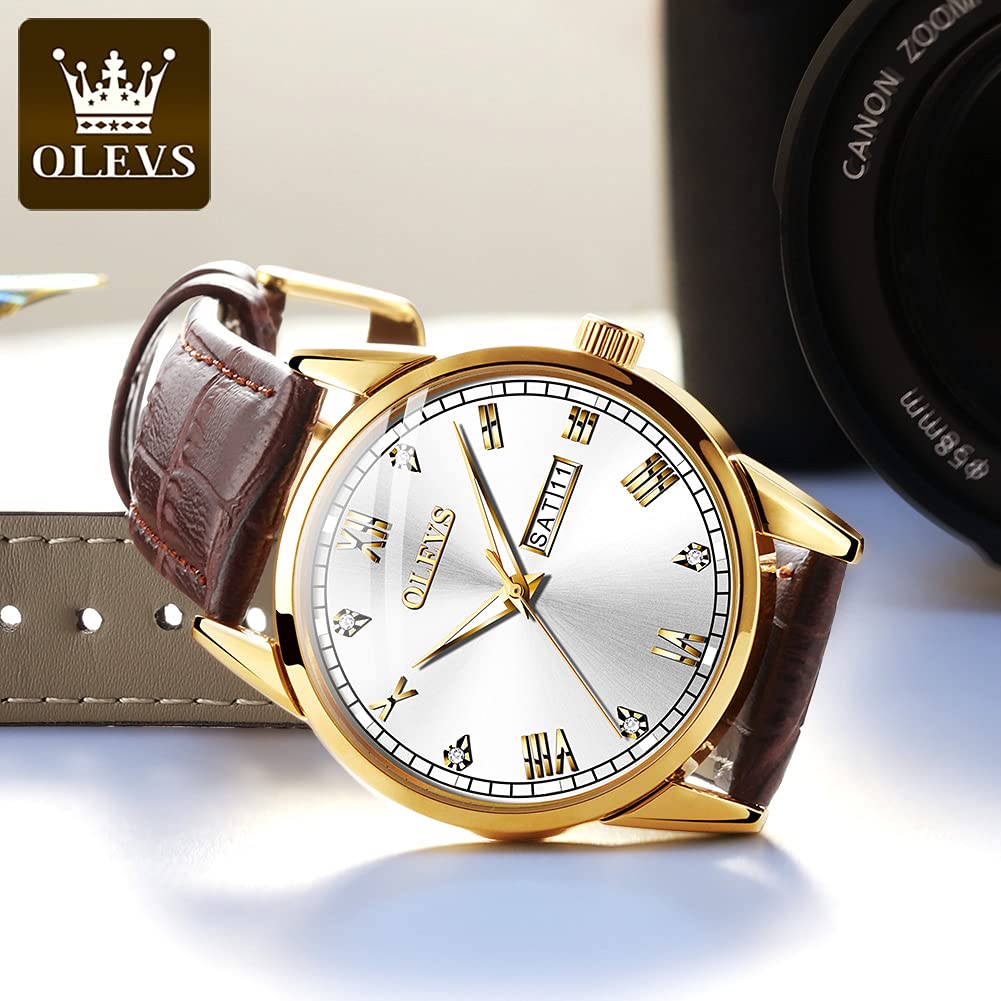 OLEVS Men's Brown Leather Watch - Rose Gold Quartz, Waterproof for Daily Wear & Dress Occasions